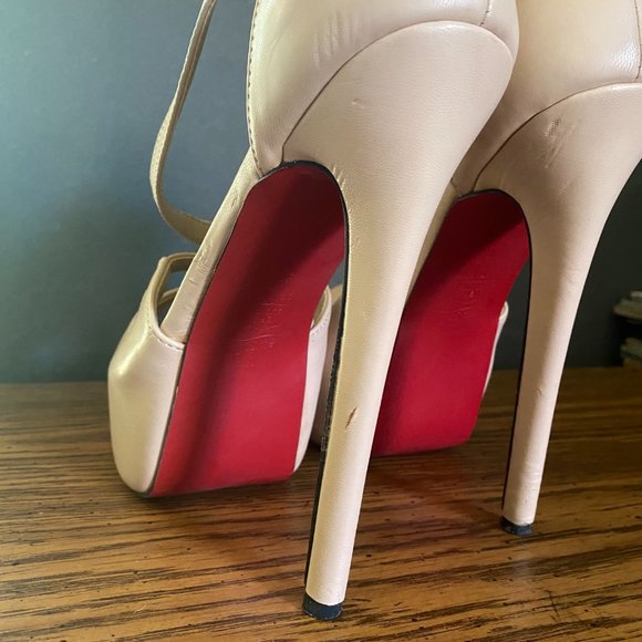 Nude crisscross strap platform peeptoe heels with velcro closure sz 9 - Picture 7 of 10